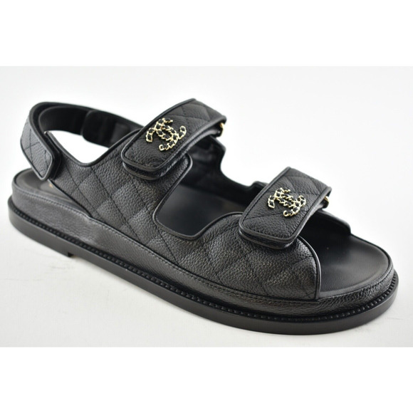 Chanel REV Black Caviar Gold CC Logo Mule Slide Strap Flat Teva Dad Sandal 36.5 - Picture 4 of 12